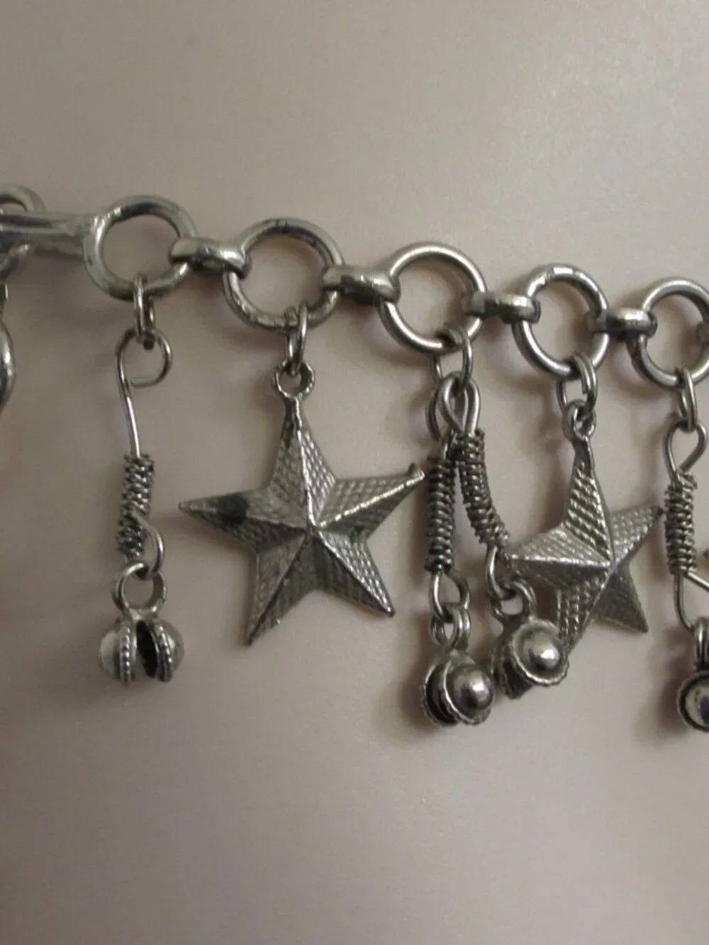 Vintage Stars & Bells Dangling Charms Silver Belly Dancer Chain Belt 37”